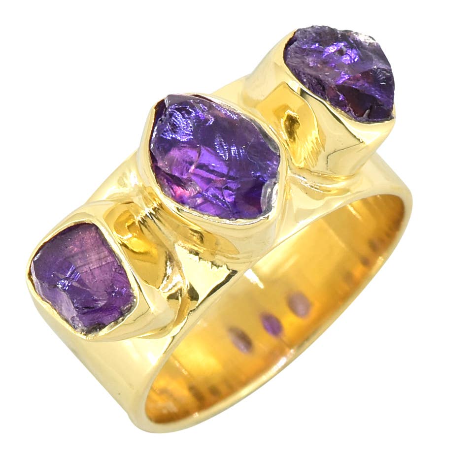 Raw Amethyst 925 Sterling Silver Wide Band Three Stone Ring: 9