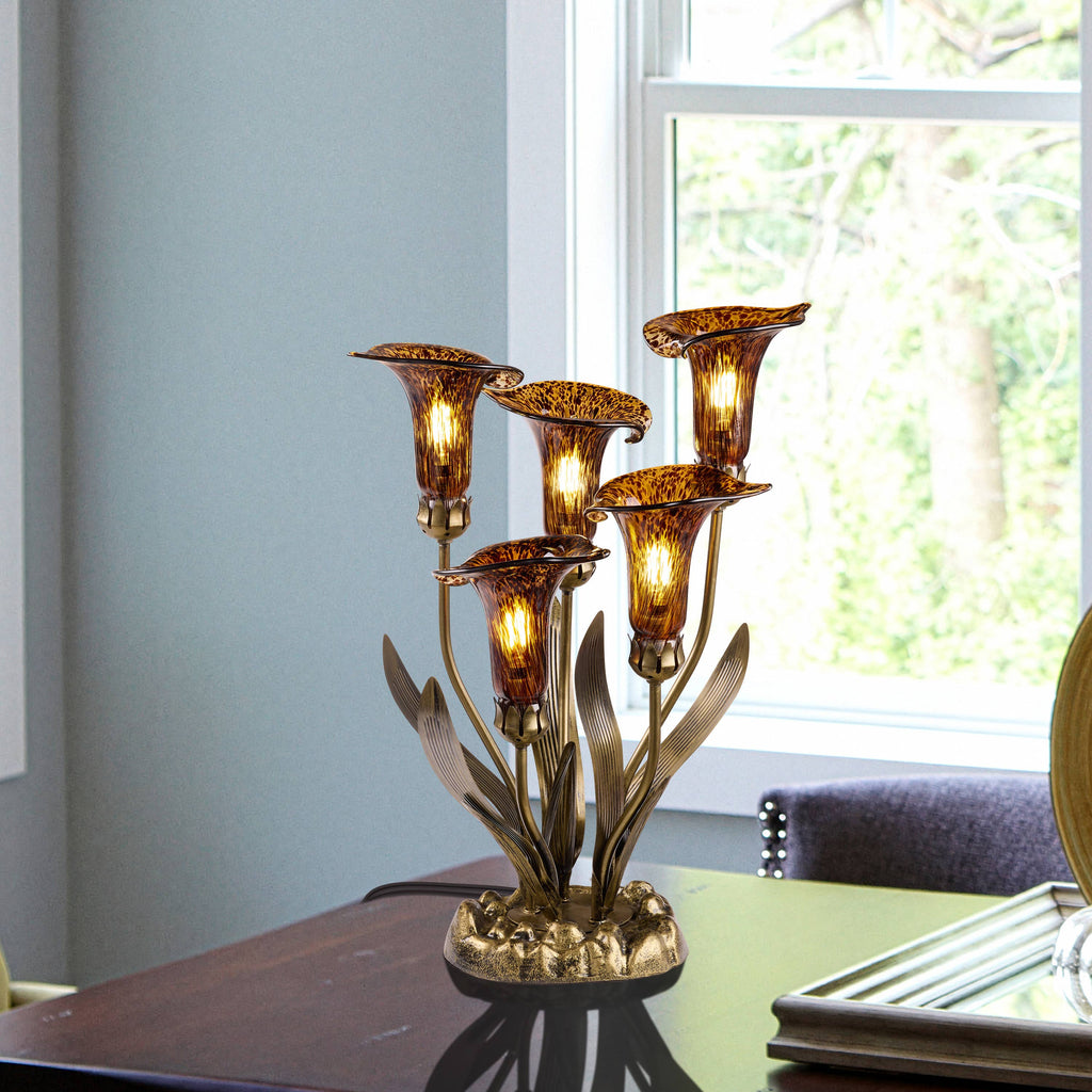 20"H Amber Hand Blown Glass 5 Calla Lily Uplight Table Lamp