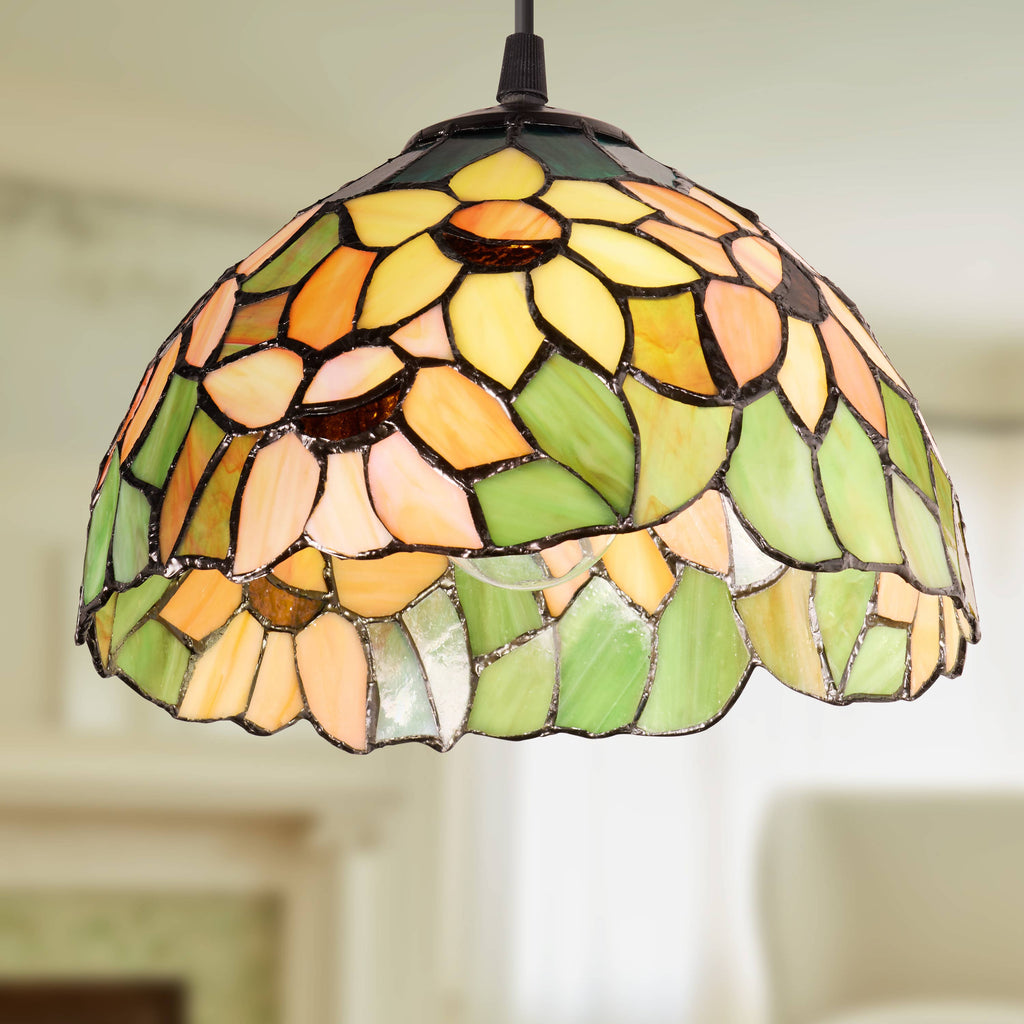 10"W Yellow Sunflowers Stained Glass Dome Shade Pendant