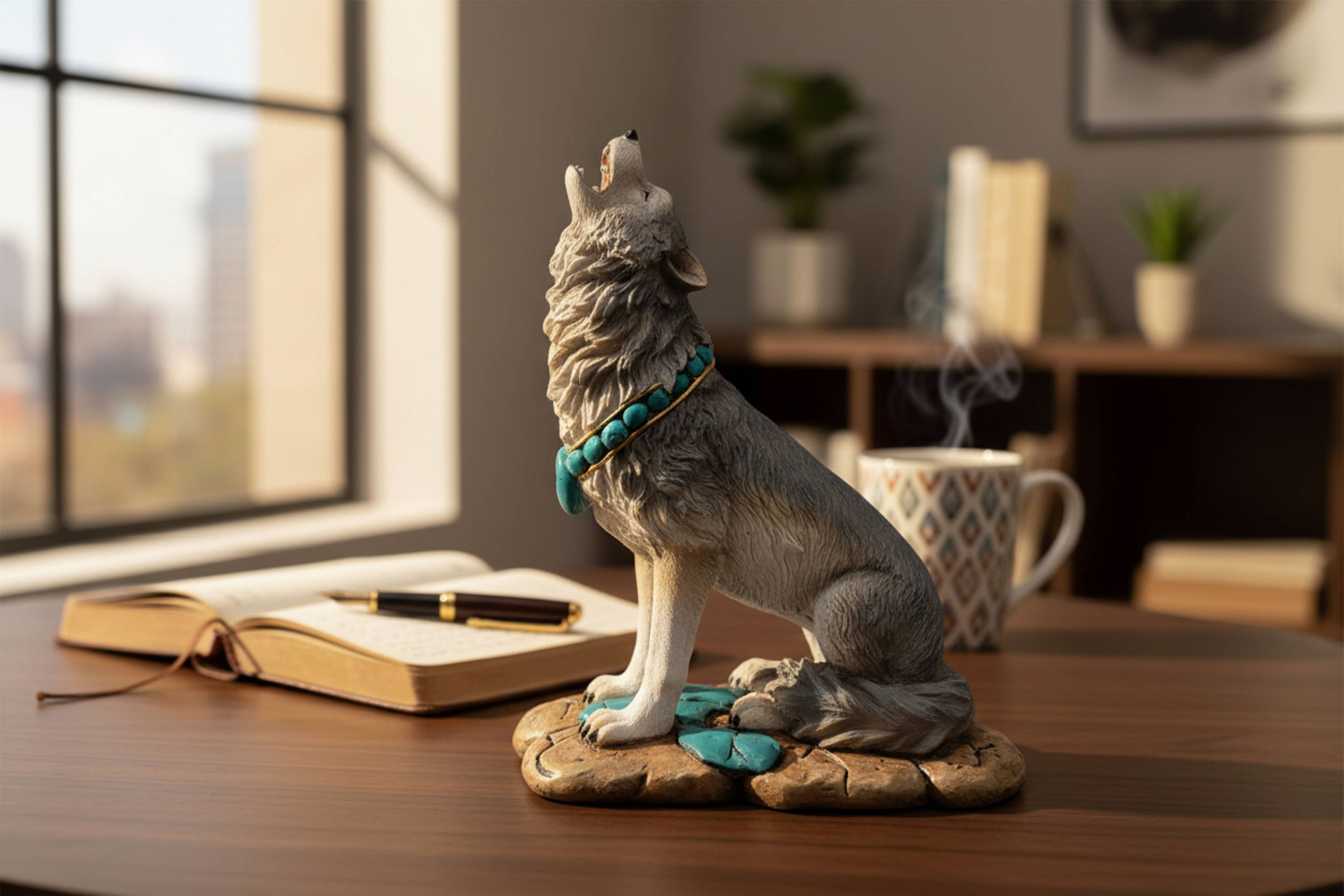 SAT HOWLING WOLF W TURQUOISE ACCENT