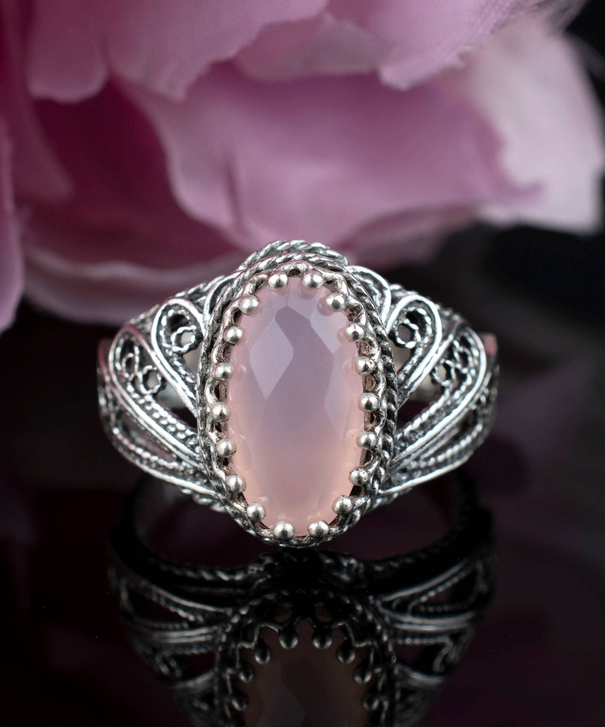 Art Pink Chalcedony Gemstone Angel Wings Women Silver Ring: Pink Chalcedony / 8