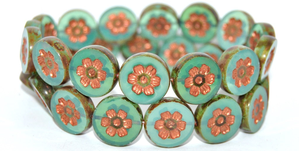 Table Cut Round Beads With Flower, Opal Aqua 86 55307 Uranium (61100-86-55307-URANIUM), Glass, Czech Republic
