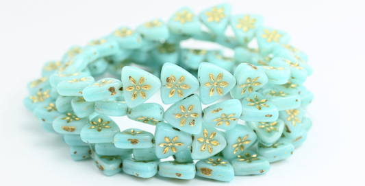 OUTLET 10 grams Triangle Flat Wit Flower Pressed Glass Beads, 10 x 10 mm, Opal Aqua Gold Lined (61100-54202), Glass, Czech Republic