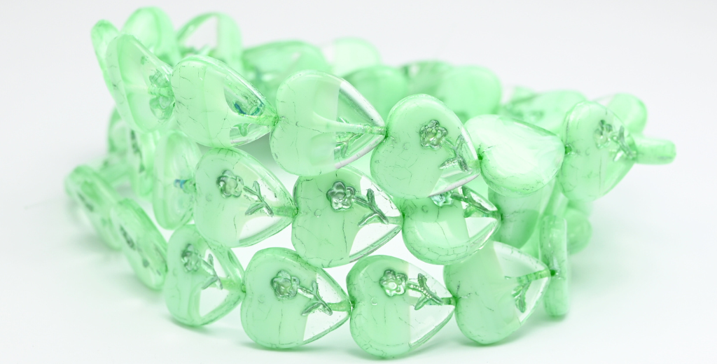 Heart Pressed Glass Beads With Flower, Teal Green Lined (56218-54322), Glass, Czech Republic