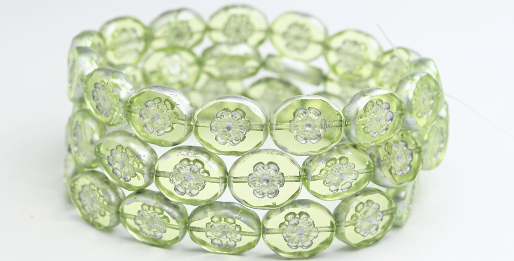 Table Cut Oval Beads With Flower, Transparent Yellow Silver Splash (80120-86700), Glass, Czech Republic