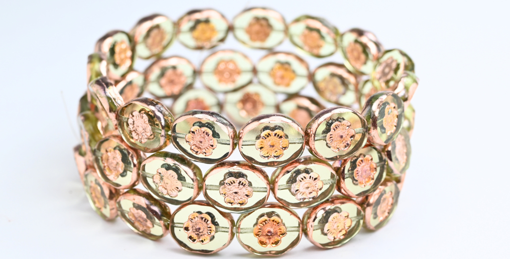 Table Cut Oval Beads With Flower, Transparent Yellow Rose Gold Capri 2X (80120-27101-2X), Glass, Czech Republic