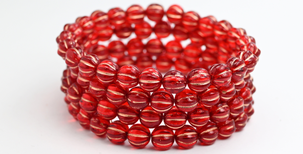 Melon Round Pressed Glass Beads With Stripes, Ruby Red Copper Lined (90080-54200), Glass, Czech Republic