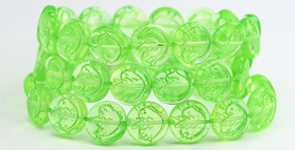 Round Flat Beads With Bird, Transparent Green Green (50800-43813), Glass, Czech Republic