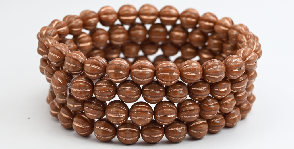 Melon Round Pressed Glass Beads With Stripes, 13620 Copper Lined (13620-54200), Glass, Czech Republic