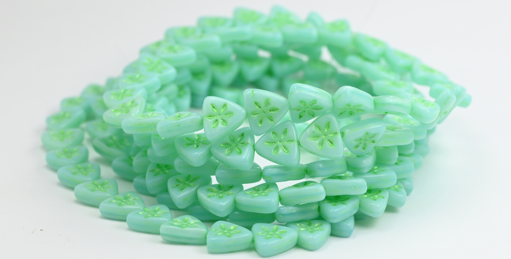 Triangle Flat Wit Flower Pressed Glass Beads, Opal Aqua Green (61100-43813), Glass, Czech Republic